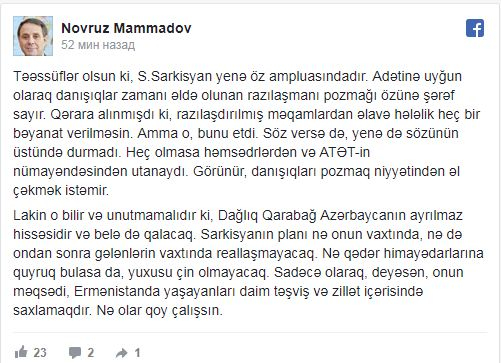 Azərbaycan prezidentinin köməkçisi son danışıqlar haqda: "Sarkisyan nə qədər quyruq bulasa da..."